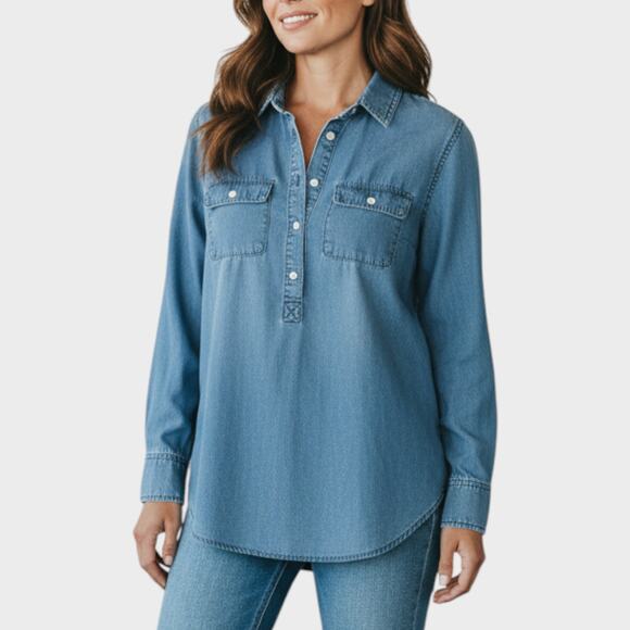 a new day Tops - A New Day Womens XS Blue Chambray Half Button Front Long Sleeve Shirt